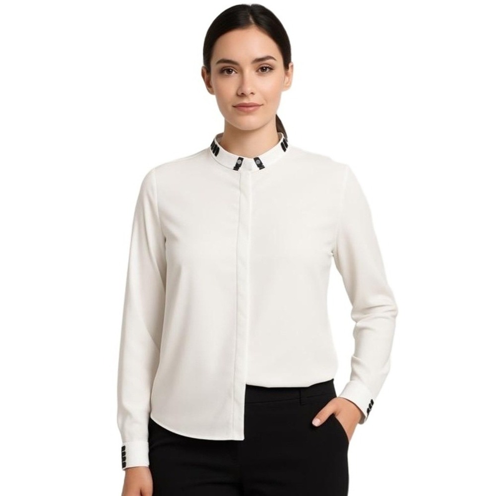 CBR White Long Sleeve Blouse with Blue Contrast Trim Size XL Nautical